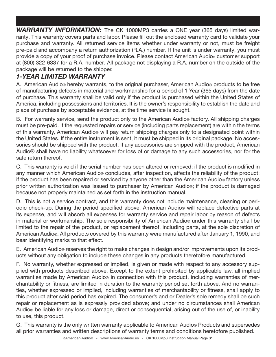 Warranty information, Year limited warranty, Warranty | American Audio CK 1000Mp3 User Manual | Page 31 / 34