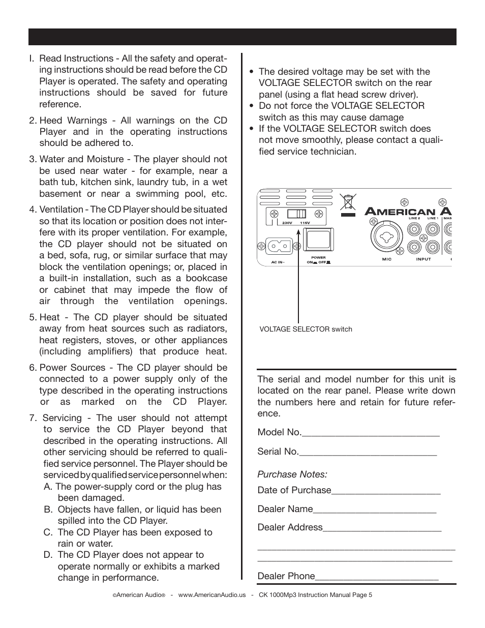 Safety instructions line voltage selection | American Audio CK 1000Mp3 User Manual | Page 5 / 34