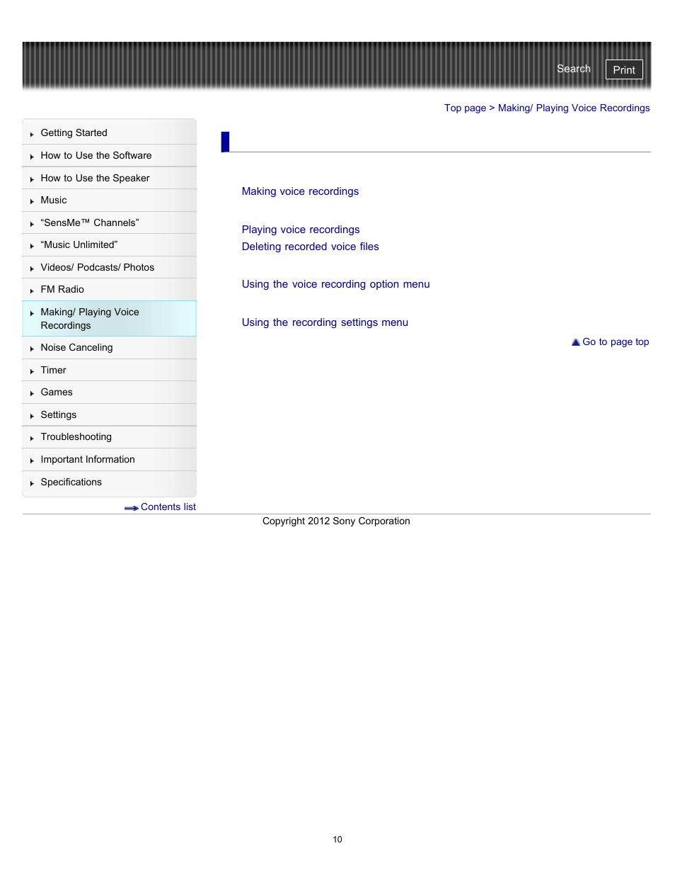 Making/ playing voice recordings | Sony NWZ-E475BLK User Manual | Page 10 / 231