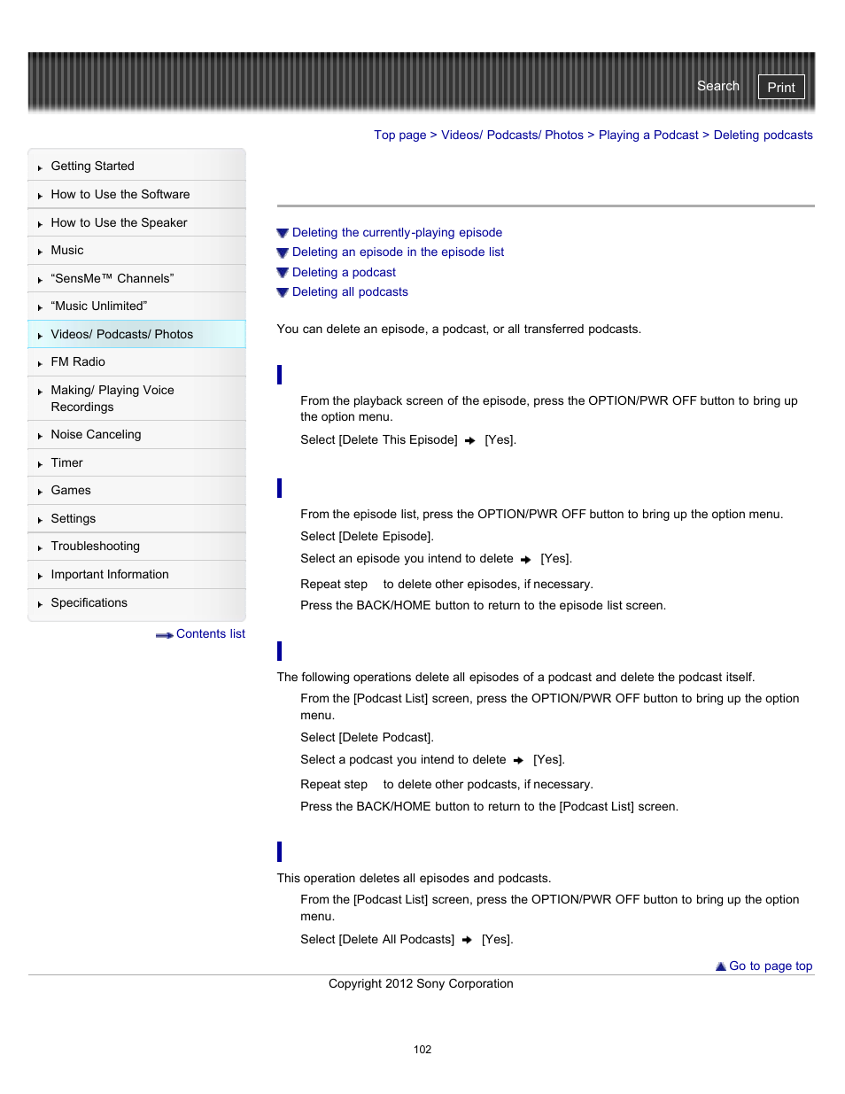 Deleting podcasts | Sony NWZ-E475BLK User Manual | Page 102 / 231