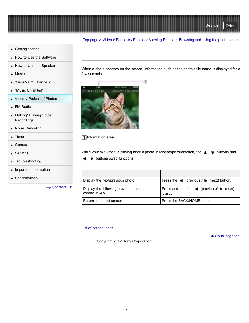 Browsing and using the photo screen | Sony NWZ-E475BLK User Manual | Page 105 / 231