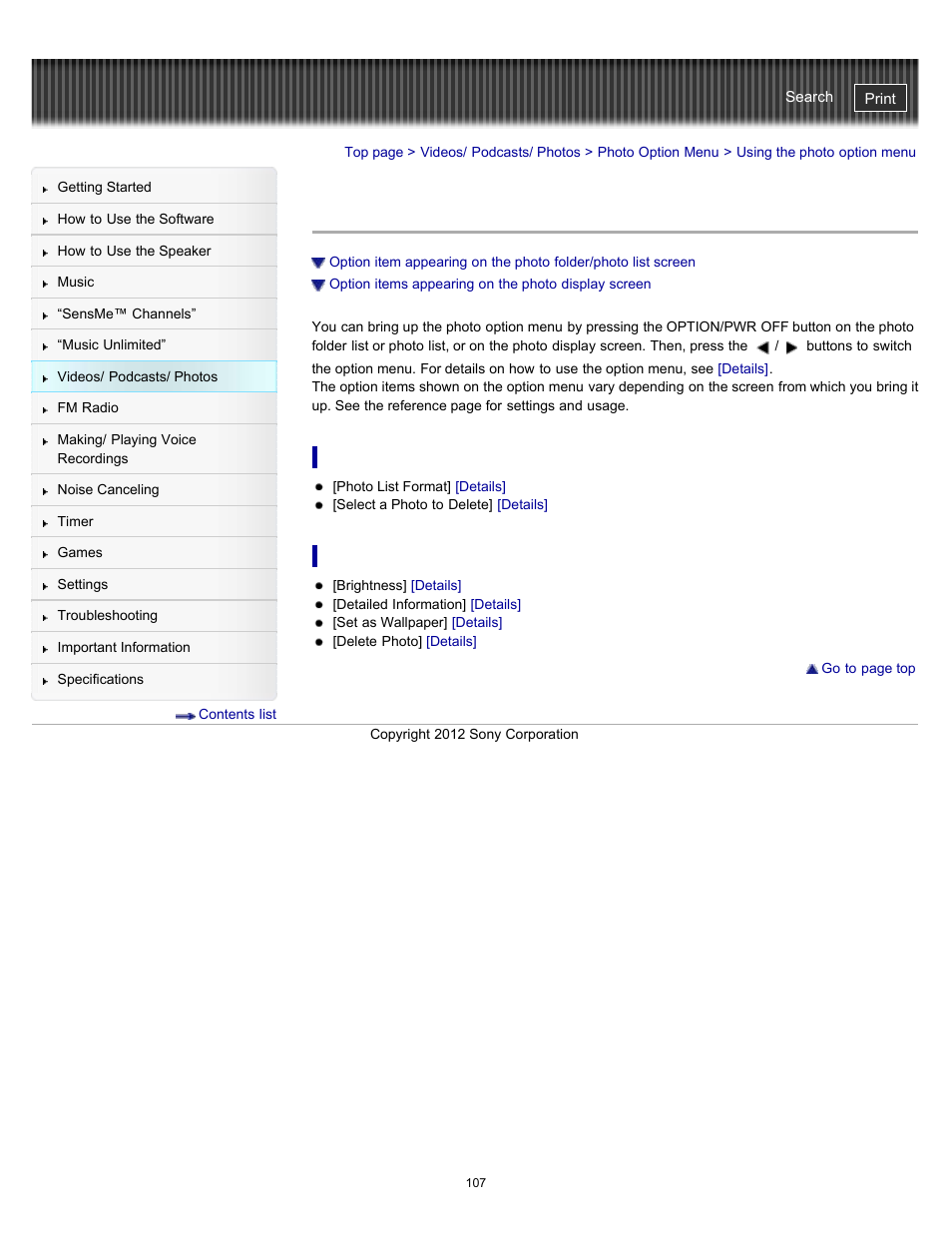 Using the photo option menu | Sony NWZ-E475BLK User Manual | Page 107 / 231