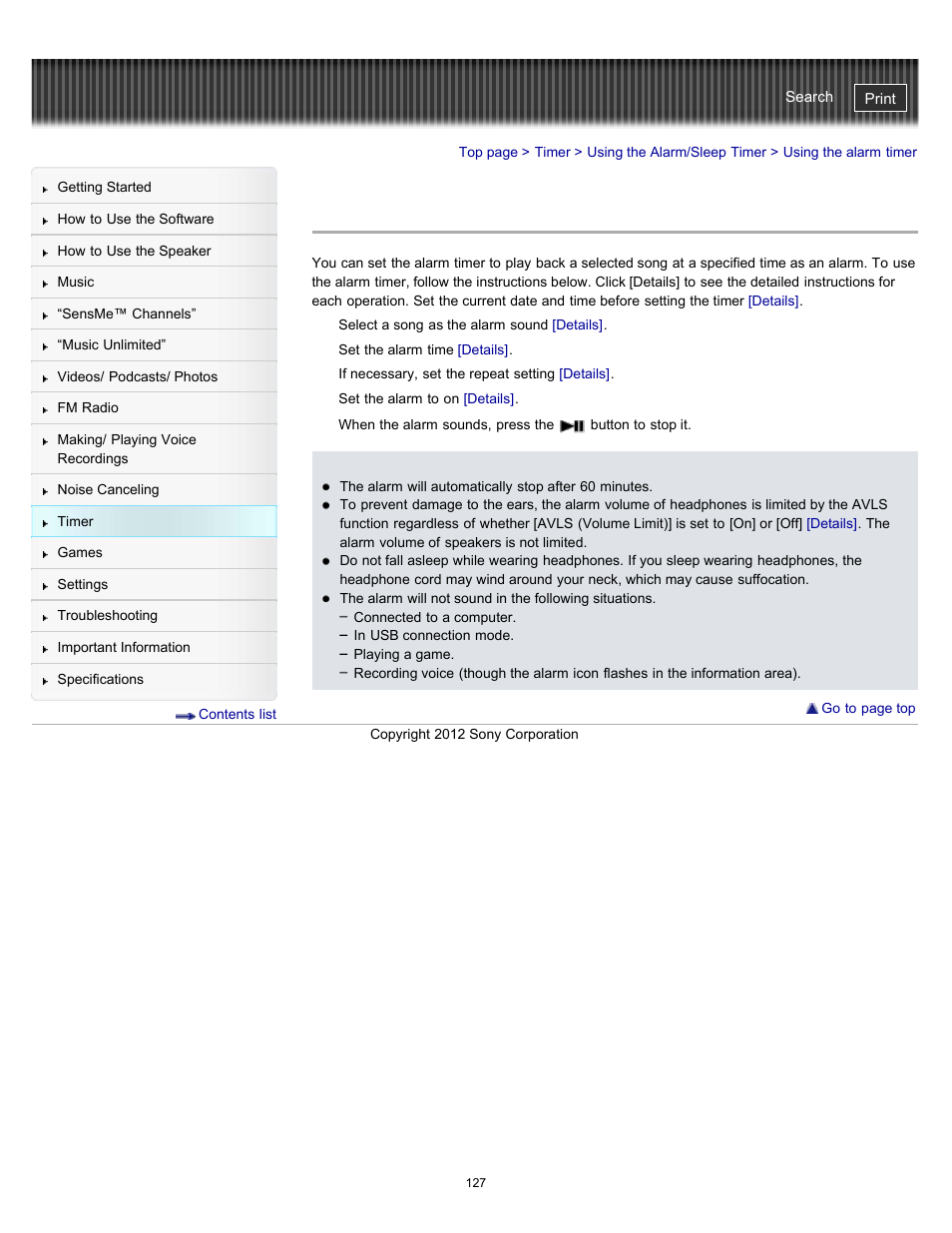 Using the alarm timer, Details, During | Sony NWZ-E475BLK User Manual | Page 127 / 231