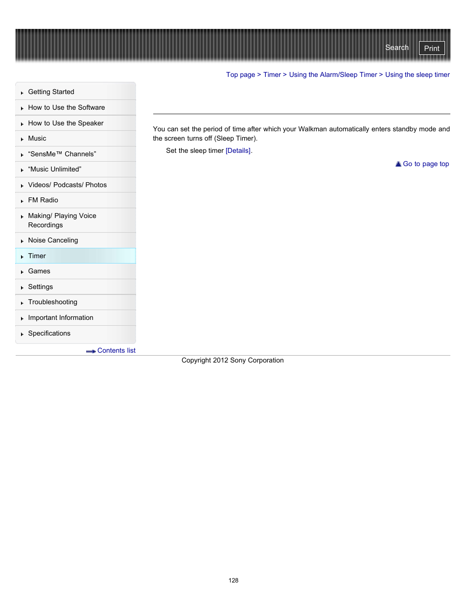 Using the sleep timer | Sony NWZ-E475BLK User Manual | Page 128 / 231