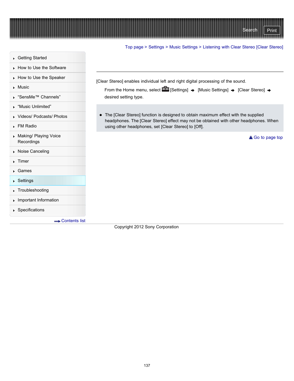Listening with clear stereo [clear stereo | Sony NWZ-E475BLK User Manual | Page 137 / 231