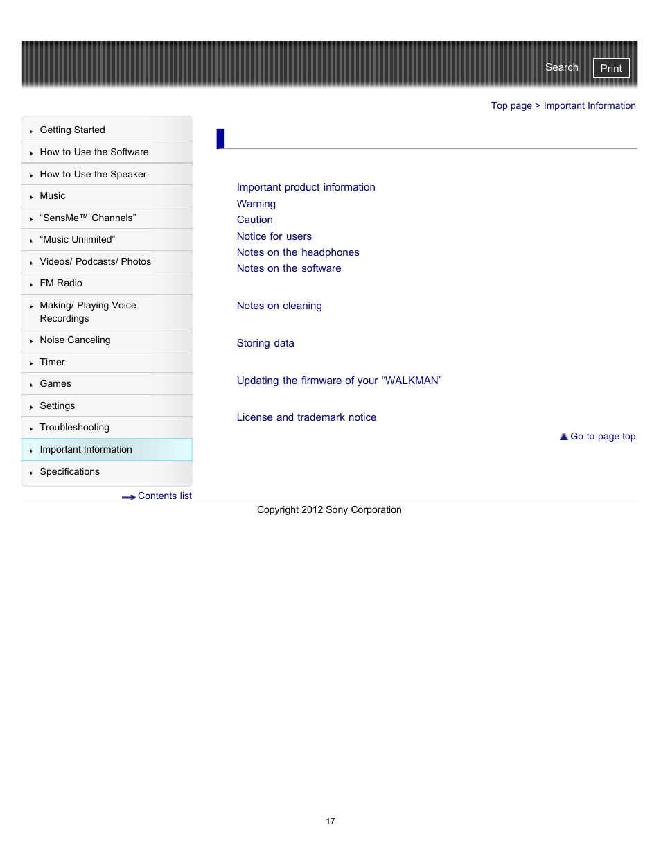 Important information | Sony NWZ-E475BLK User Manual | Page 17 / 231