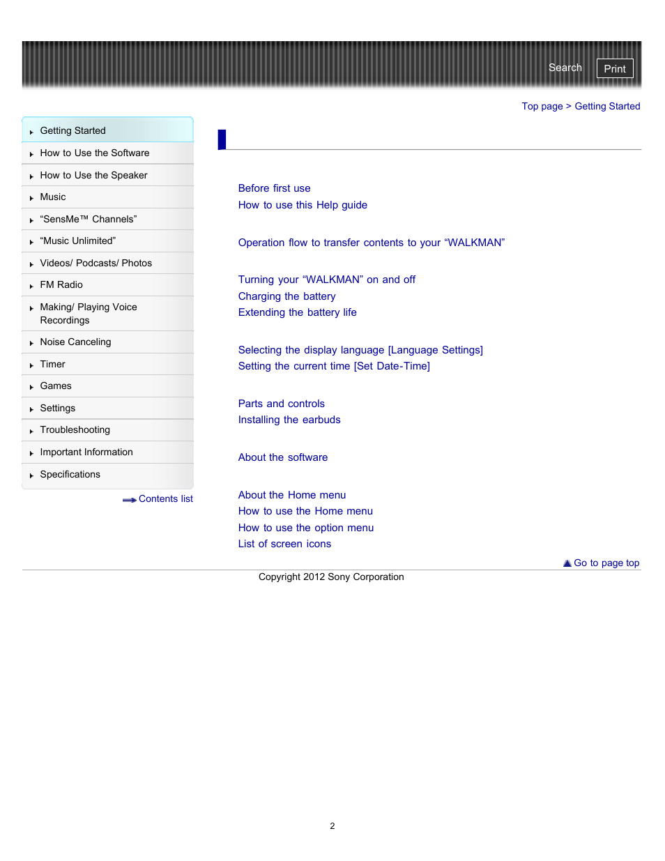 Getting started | Sony NWZ-E475BLK User Manual | Page 2 / 231