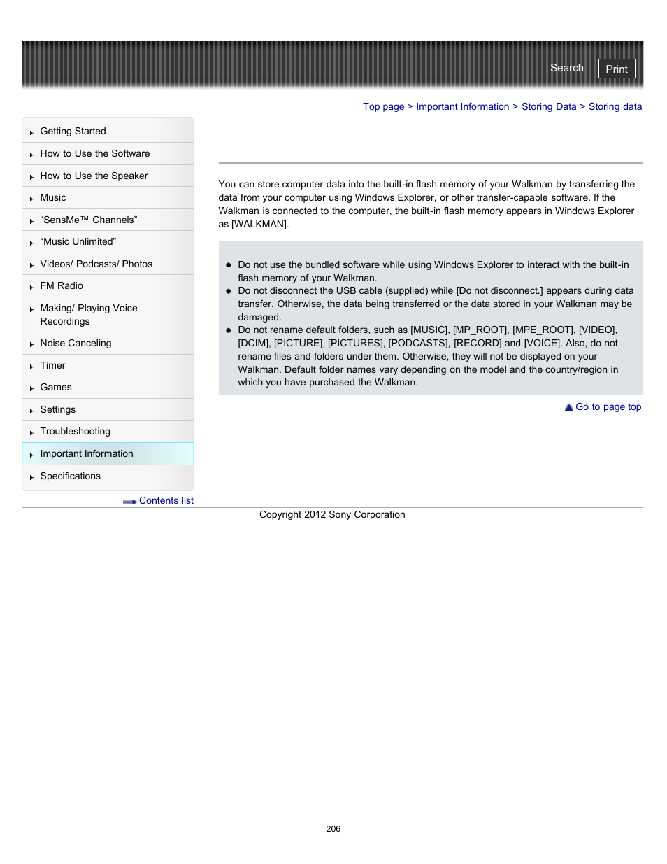 Storing data | Sony NWZ-E475BLK User Manual | Page 206 / 231