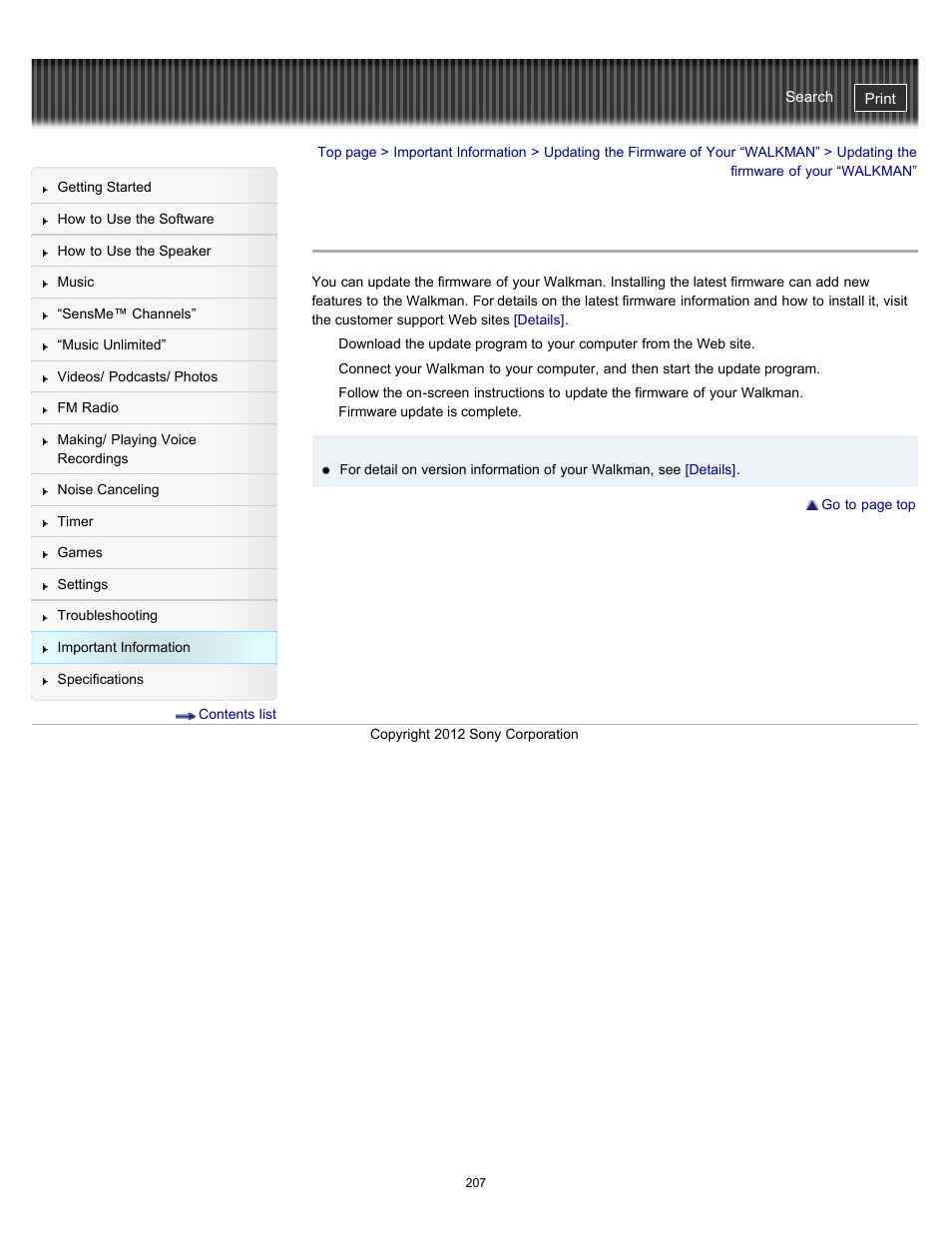 Updating the firmware of your “walkman | Sony NWZ-E475BLK User Manual | Page 207 / 231