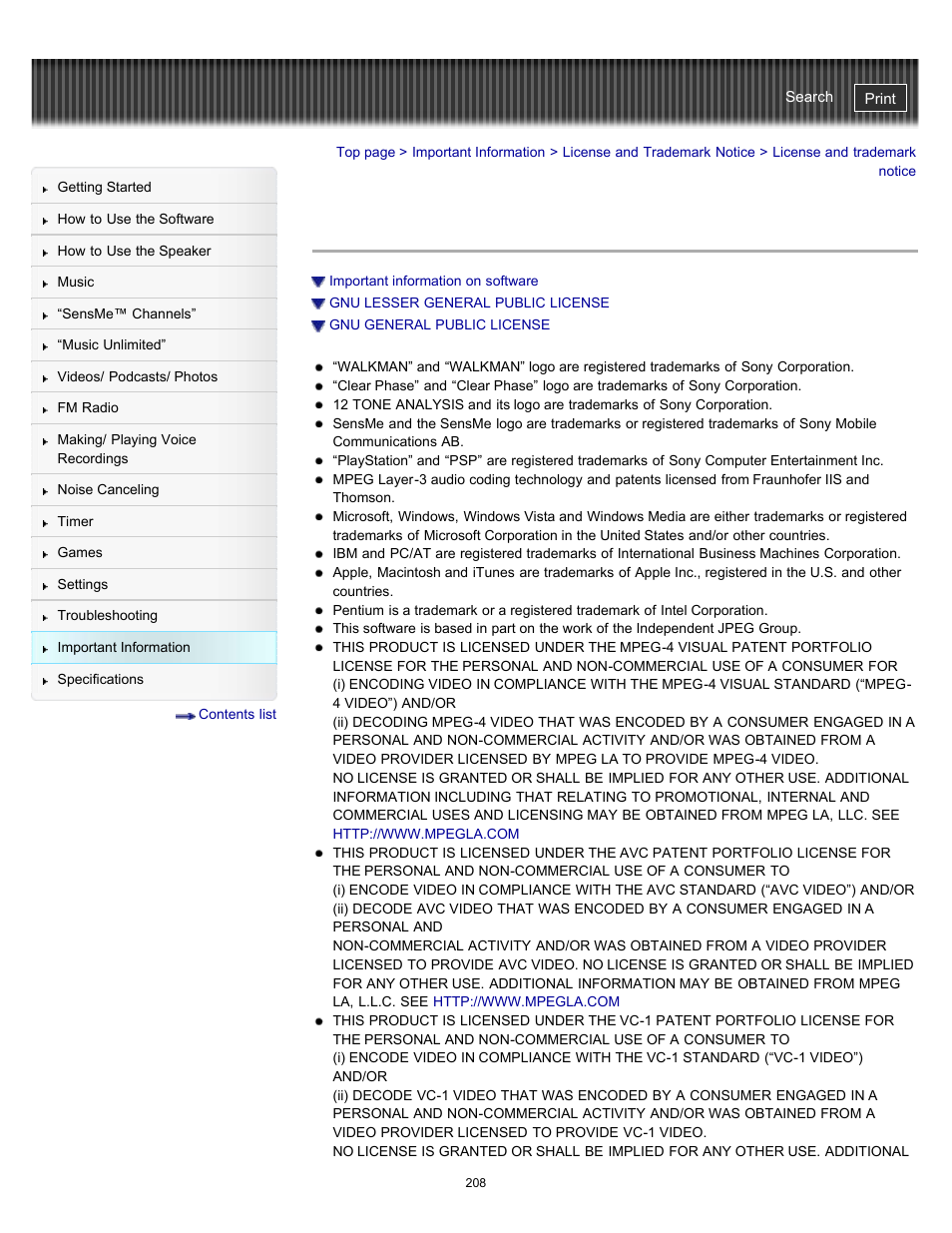License and trademark notice | Sony NWZ-E475BLK User Manual | Page 208 / 231