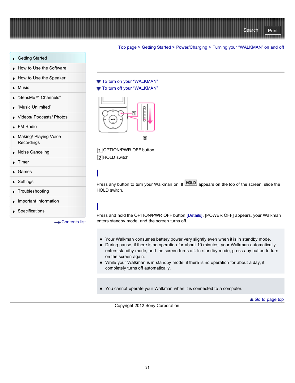 Turning your “walkman” on and off | Sony NWZ-E475BLK User Manual | Page 31 / 231