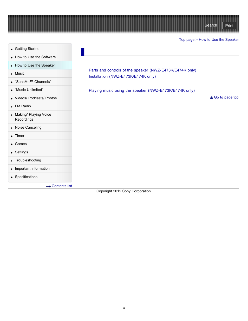 How to use the speaker | Sony NWZ-E475BLK User Manual | Page 4 / 231