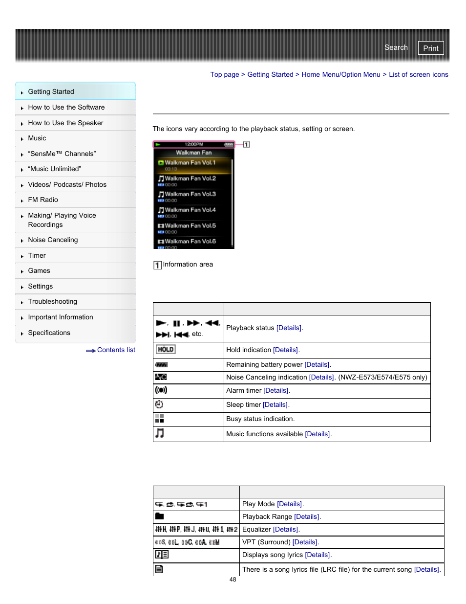 List of screen icons, Details | Sony NWZ-E475BLK User Manual | Page 48 / 231
