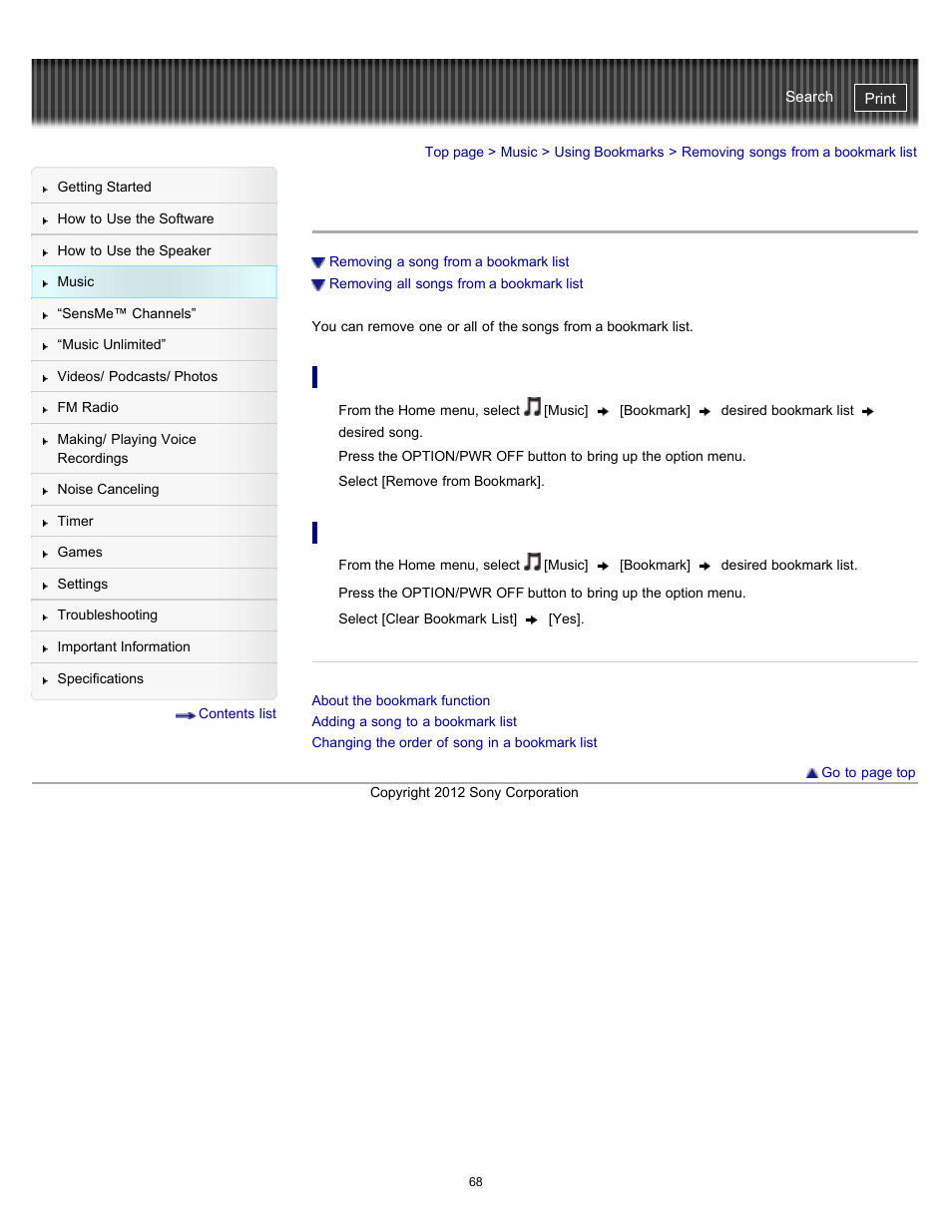 Removing songs from a bookmark list | Sony NWZ-E475BLK User Manual | Page 68 / 231