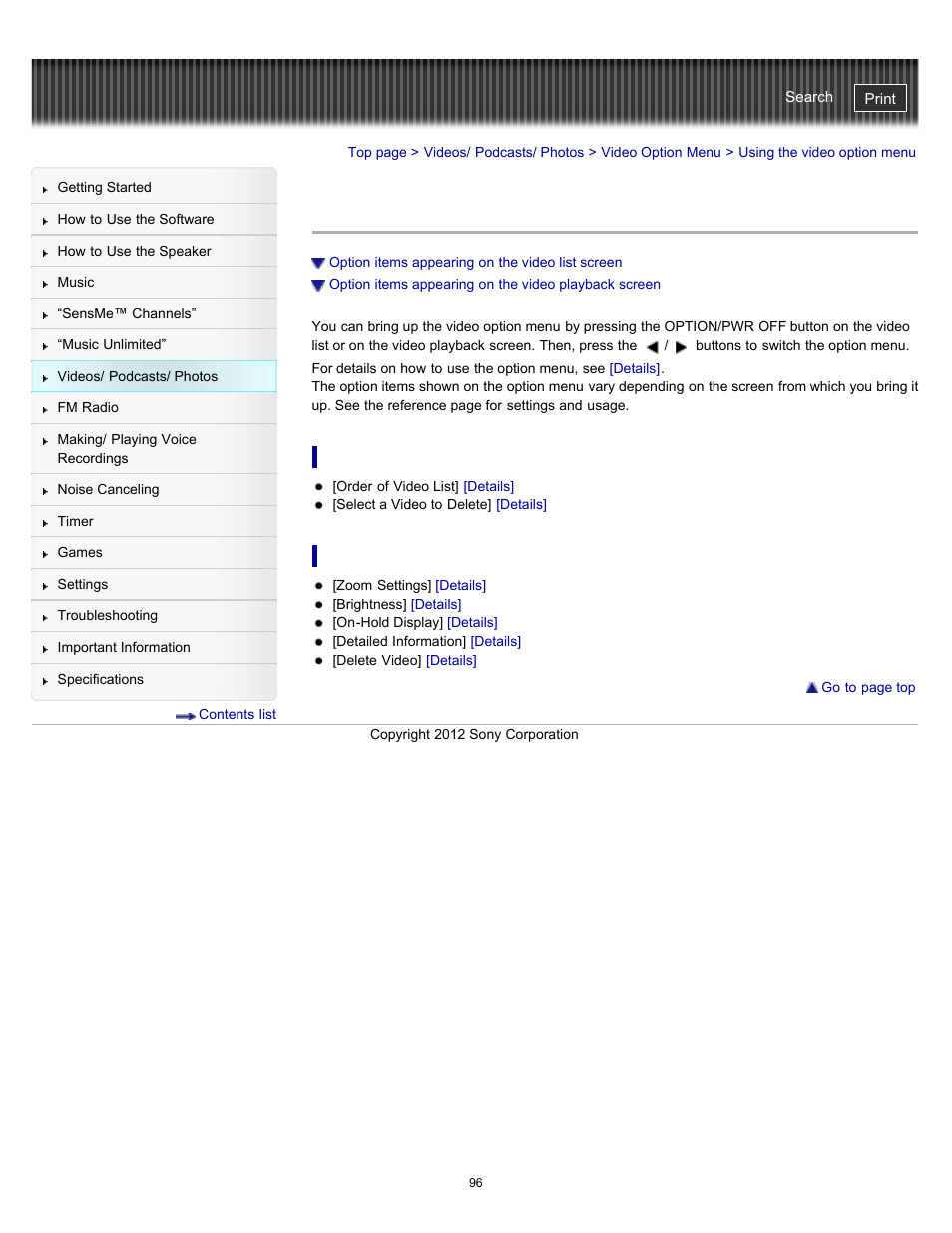 Using the video option menu | Sony NWZ-E475BLK User Manual | Page 96 / 231