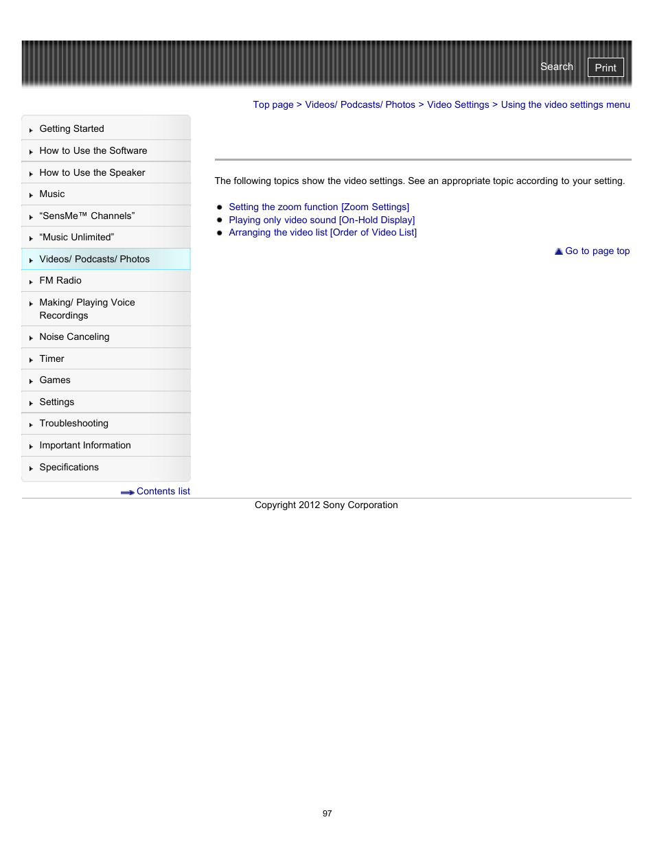 Using the video settings menu | Sony NWZ-E475BLK User Manual | Page 97 / 231