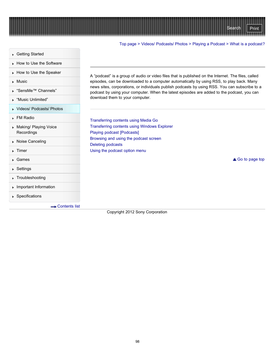 What is a podcast | Sony NWZ-E475BLK User Manual | Page 98 / 231