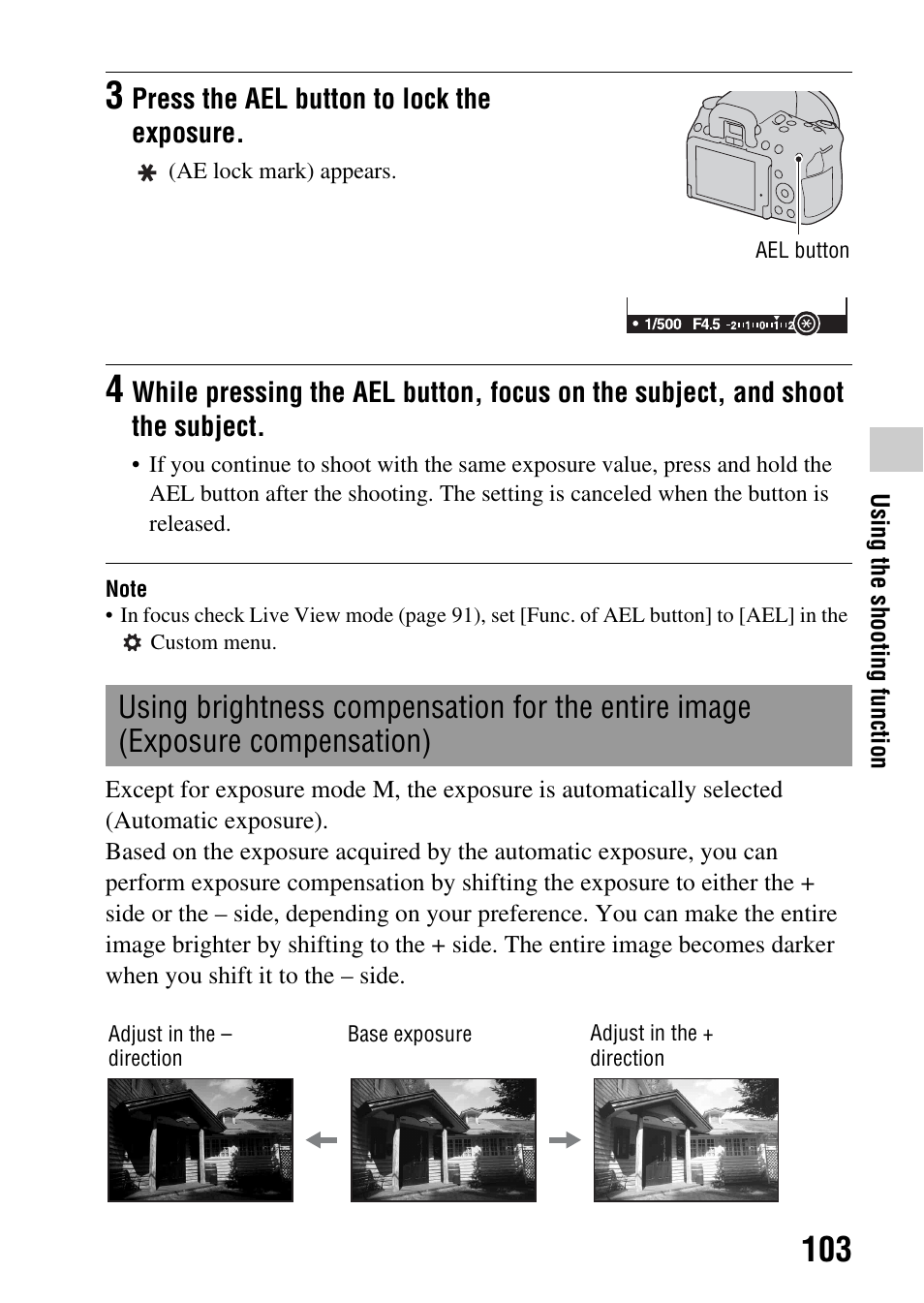 Using brightness compensation for the entire image, Exposure compensation), N (103) | Ure (103) | Sony DSLR-A580L User Manual | Page 103 / 199