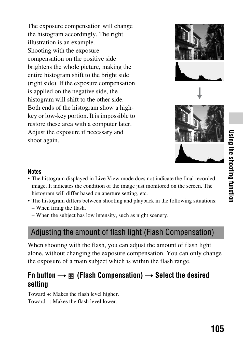 Adjusting the amount of flash light (flash, Compensation), On (105) | Sony DSLR-A580L User Manual | Page 105 / 199