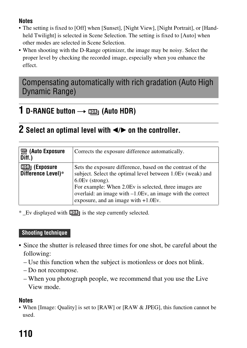 High dynamic range), D-range button t (auto hdr) | Sony DSLR-A580L User Manual | Page 110 / 199
