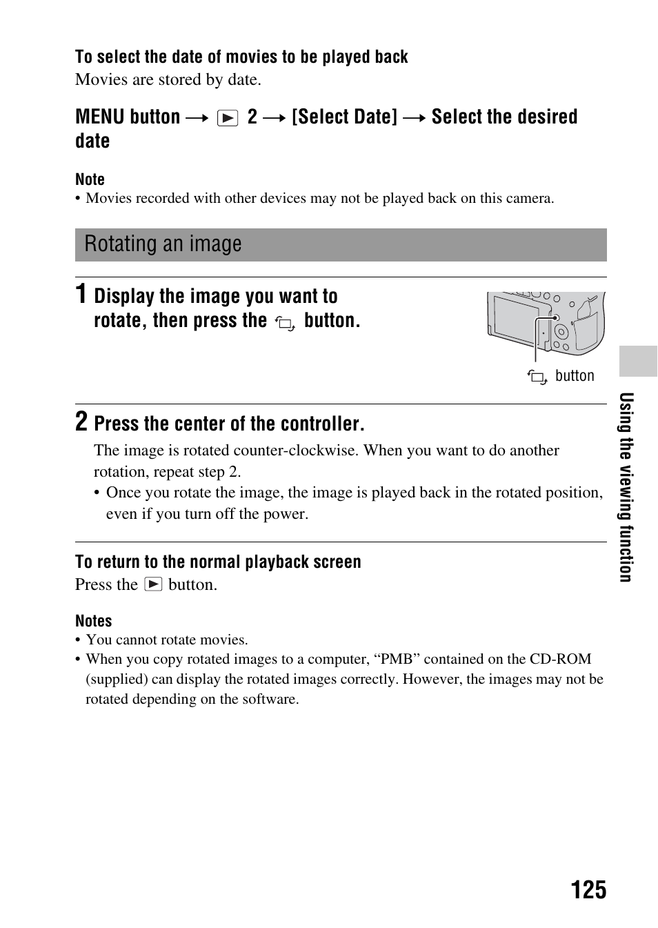 Tton (125), Rotating an image | Sony DSLR-A580L User Manual | Page 125 / 199