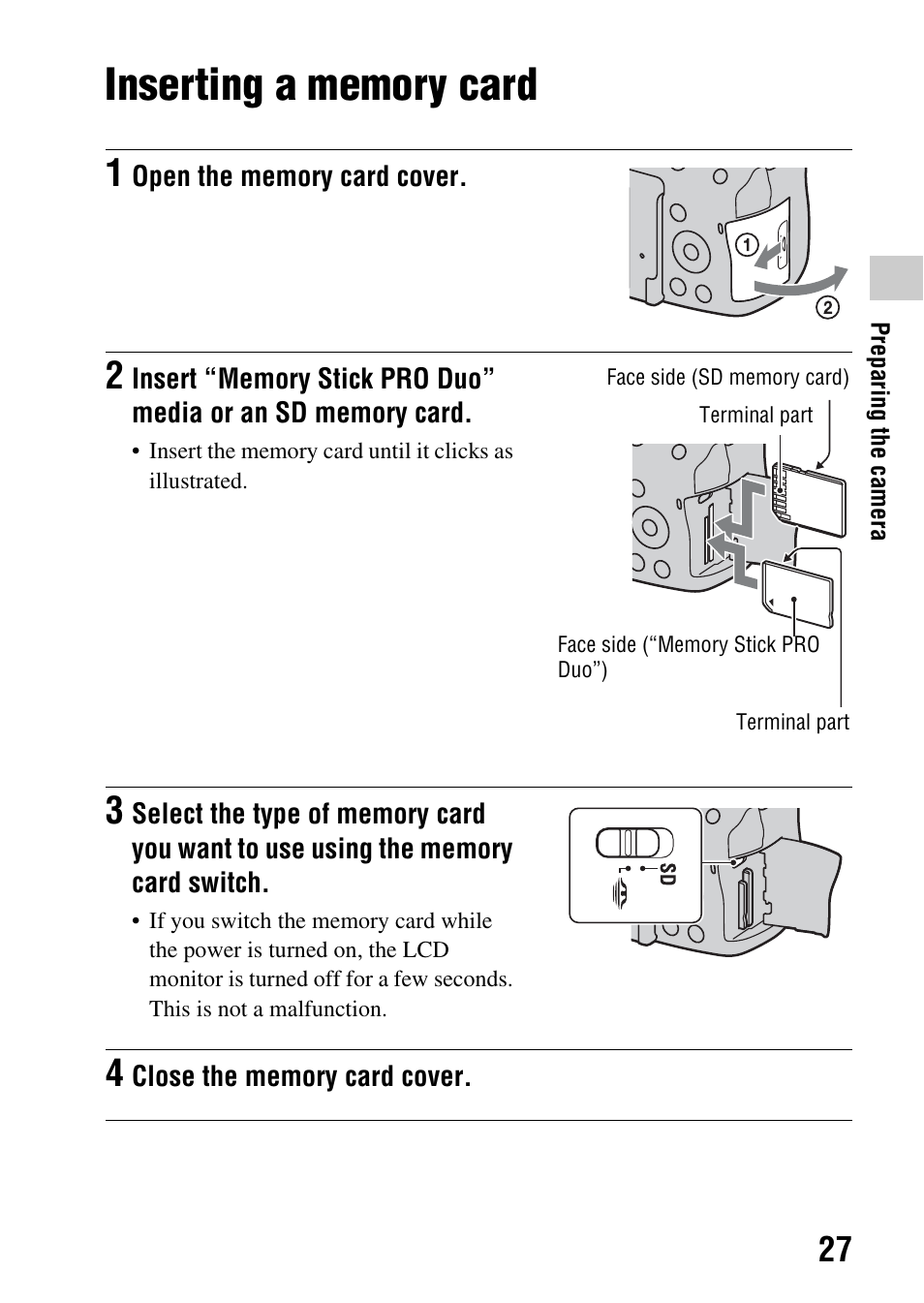 Inserting a memory card, Ot (27) | Sony DSLR-A580L User Manual | Page 27 / 199