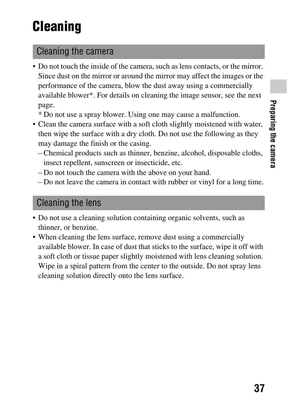 Cleaning, Cleaning the camera cleaning the lens | Sony DSLR-A580L User Manual | Page 37 / 199