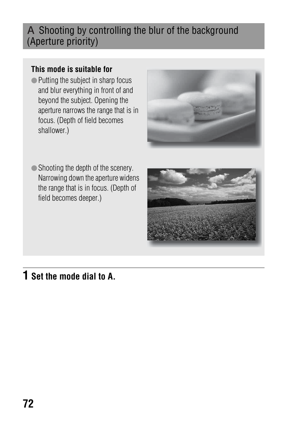 Shooting by controlling the blur of the background, Aperture priority), R (72) | Sony DSLR-A580L User Manual | Page 72 / 199