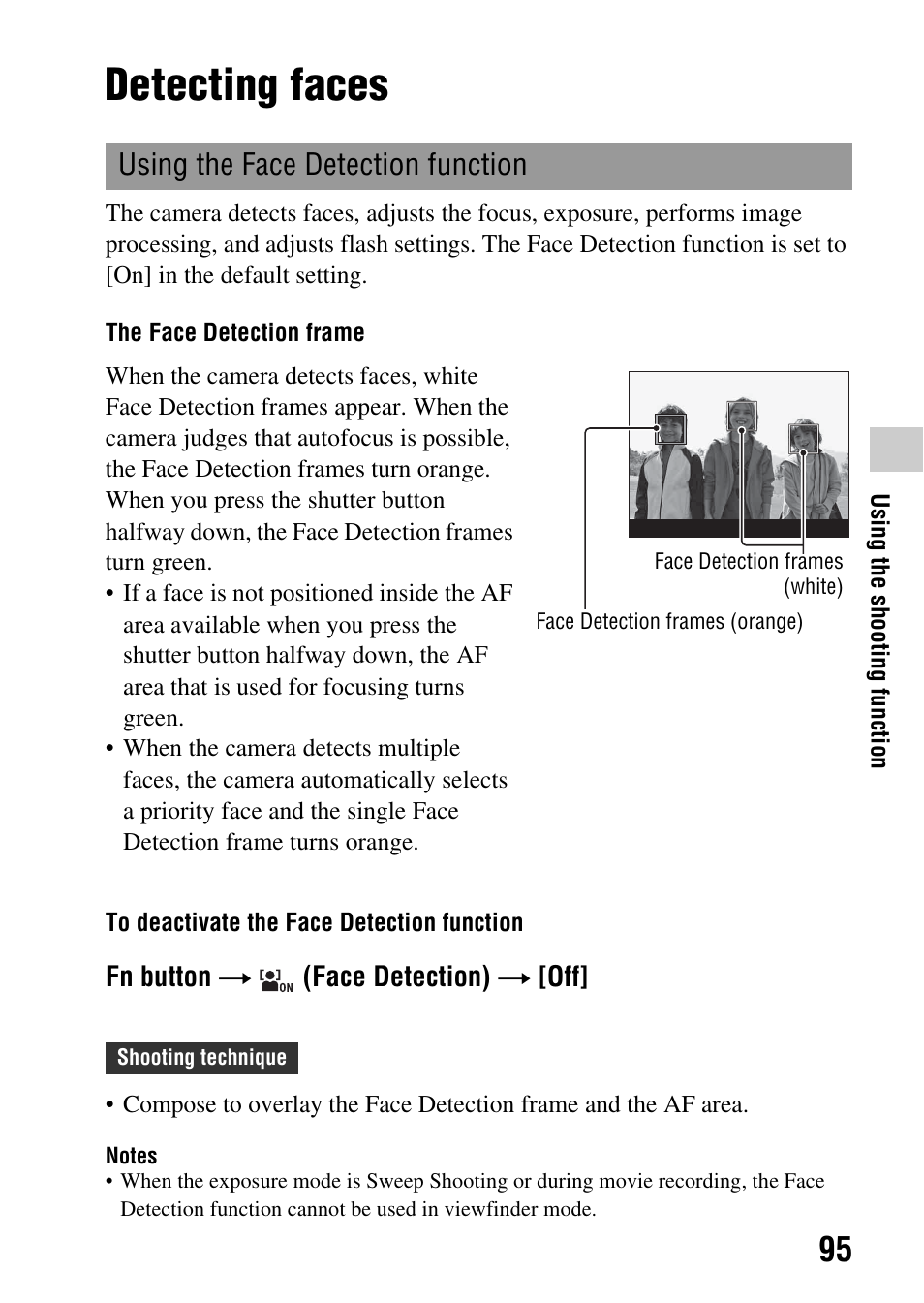 Detecting faces, Using the face detection function, Ion (95) | Sony DSLR-A580L User Manual | Page 95 / 199