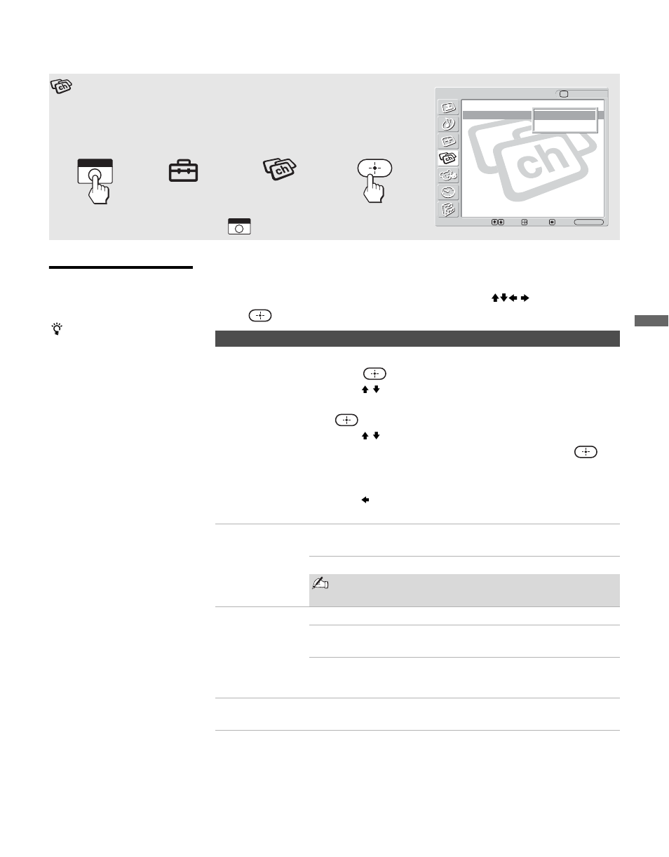 Using the channel settings, Selecting channel options | Sony KLV-S32A10 User Manual | Page 53 / 72