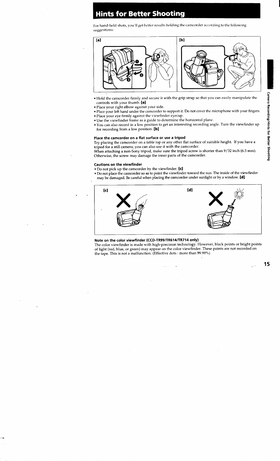 Cautions on the viewfinder, Hints for better shooting | Sony CCD-TR514 User Manual | Page 15 / 56