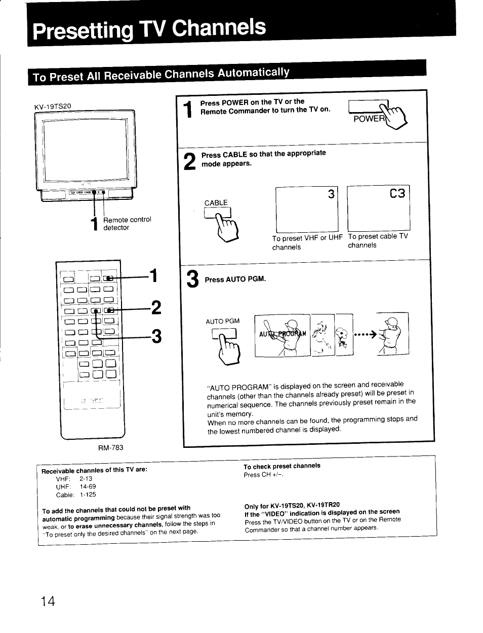 Presetting tv channels | Sony KV-19TS20 User Manual | Page 14 / 23
