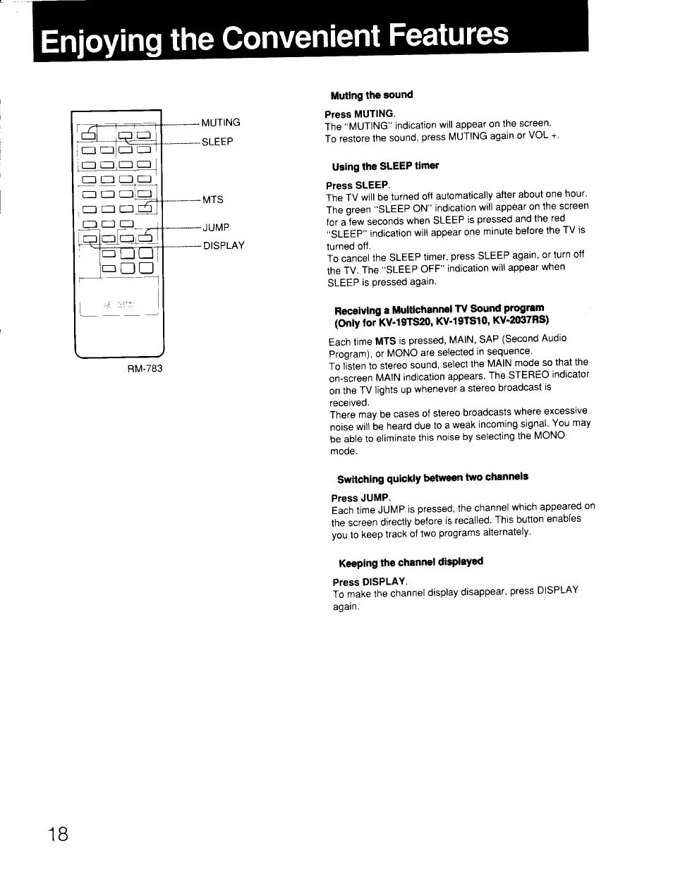 Enjoying the convenient features | Sony KV-19TS20 User Manual | Page 18 / 23