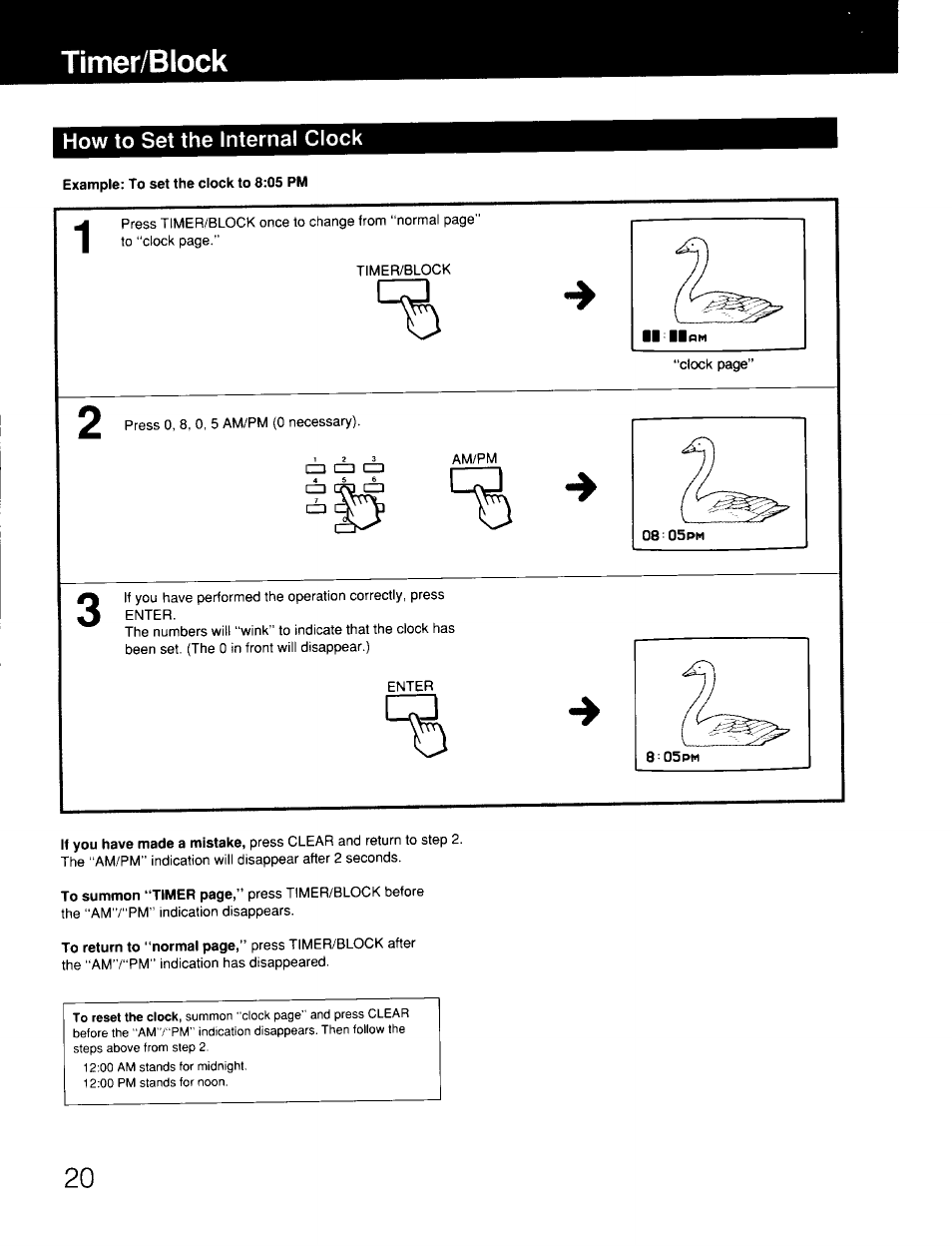 Timer/block, How to set the internal clock | Sony KV-19TS20 User Manual | Page 20 / 23