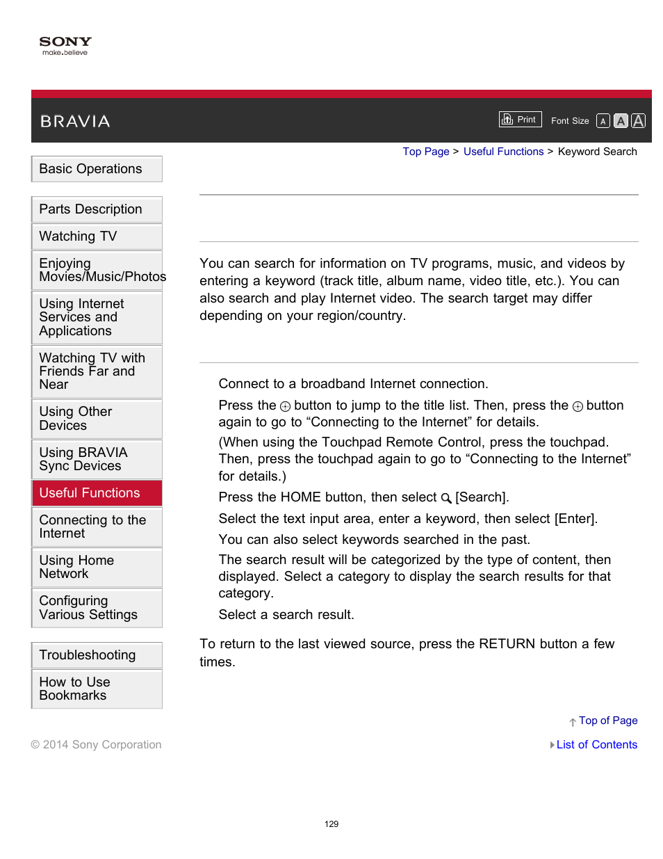 Keyword search | Sony XBR-55X900B User Manual | Page 135 / 255
