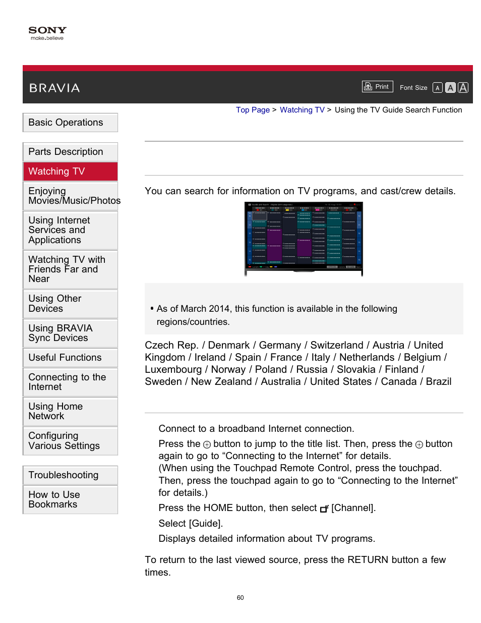 Using the tv guide search function | Sony XBR-55X900B User Manual | Page 66 / 255