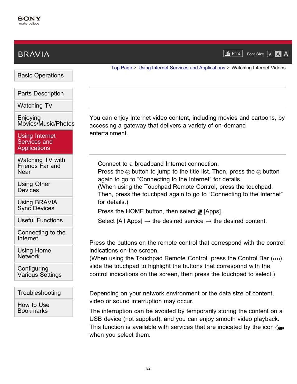 Watching internet videos | Sony XBR-55X900B User Manual | Page 88 / 255