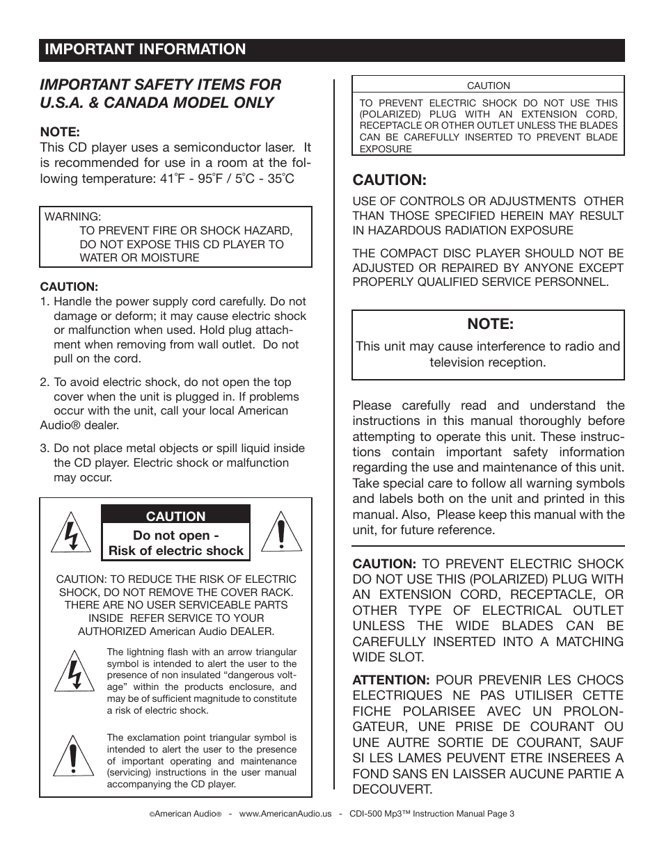 Caution, Important information | American Audio CDI-500 User Manual | Page 3 / 38