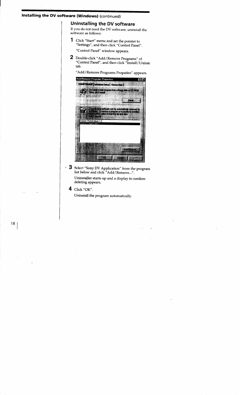 Uninstalling the dv software | Sony DVBK-2000 User Manual | Page 16 / 87