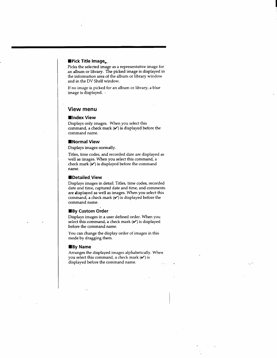 Pick title image, View menu, Index view | Normal view, Detailed. view, By custom order, By name | Sony DVBK-2000 User Manual | Page 82 / 87