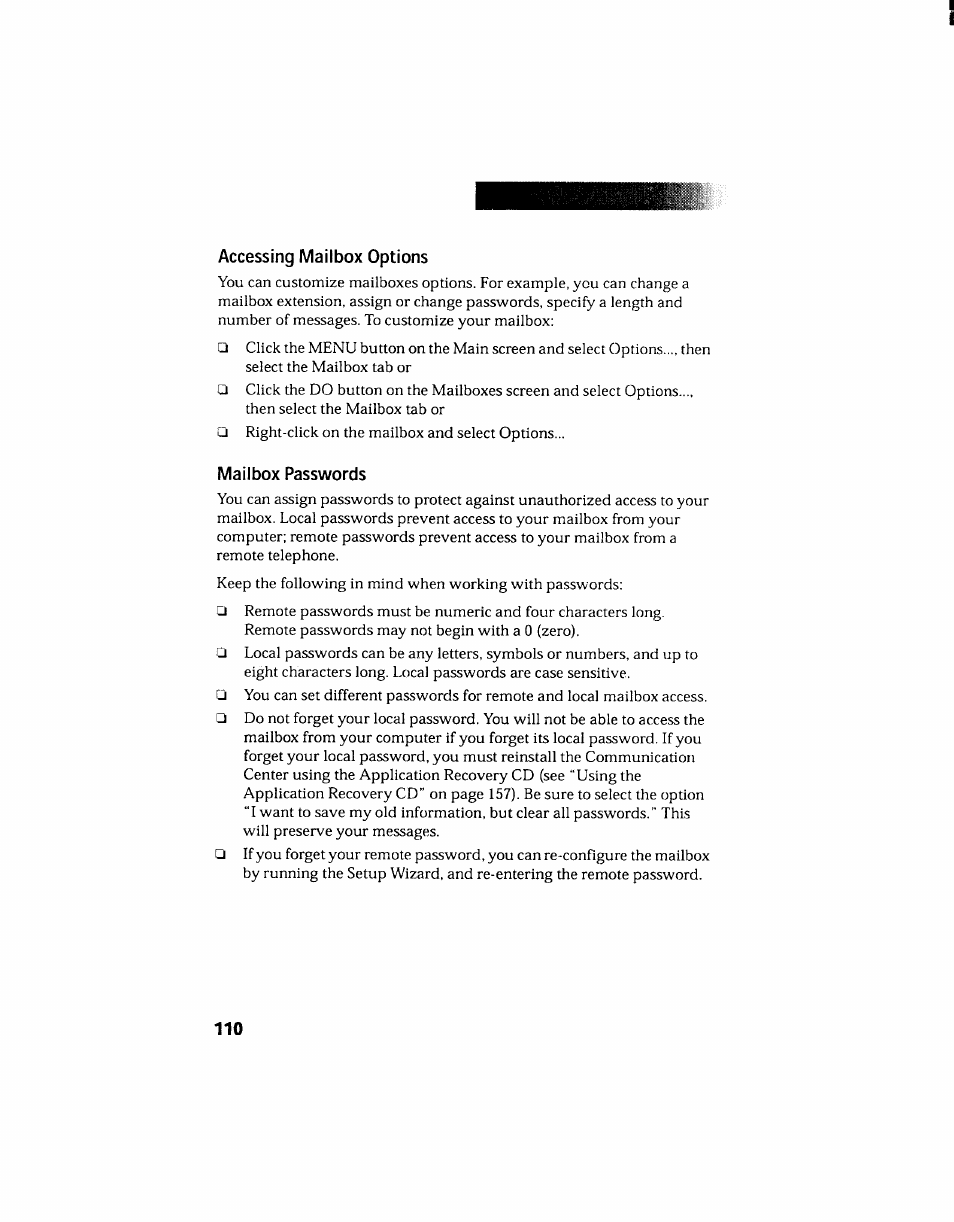 Accessing mailbox options, Mailbox passwords, Accessing mailbox options mailbox passwords | Sony PCV-130 User Manual | Page 114 / 203