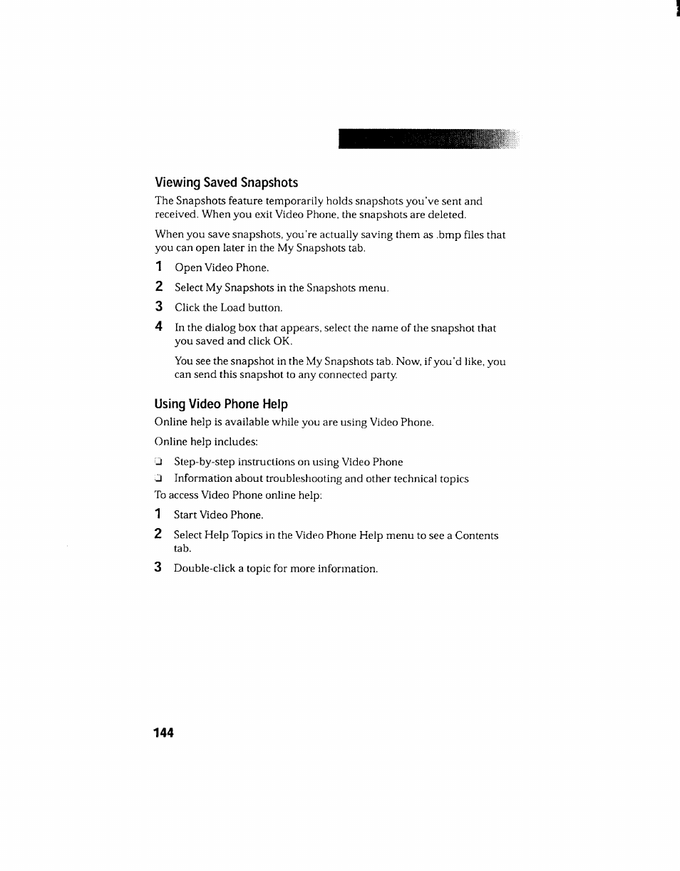 Viewing saved snapshots, Using video phone help, Viewing saved snapshots using video phone help | Sony PCV-130 User Manual | Page 148 / 203
