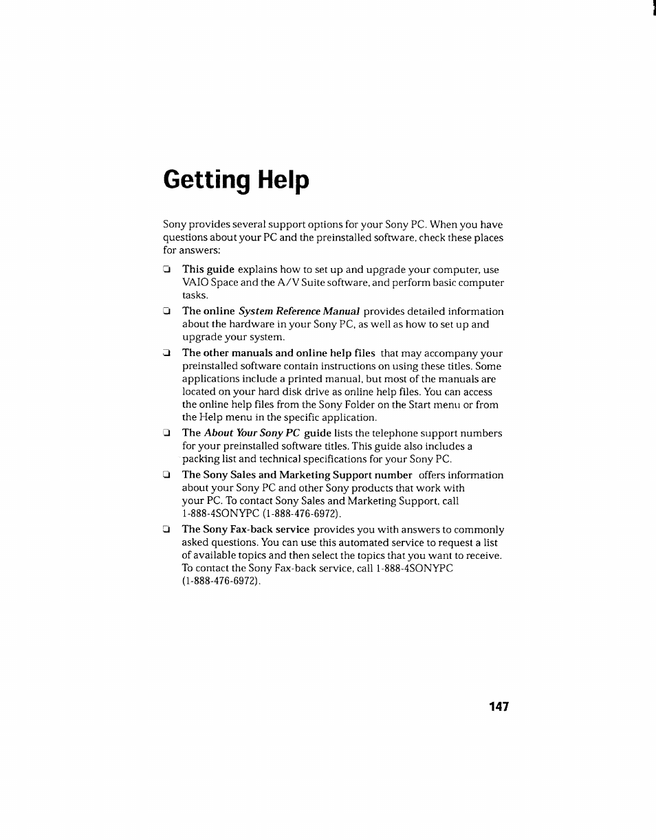 Getting help | Sony PCV-130 User Manual | Page 151 / 203