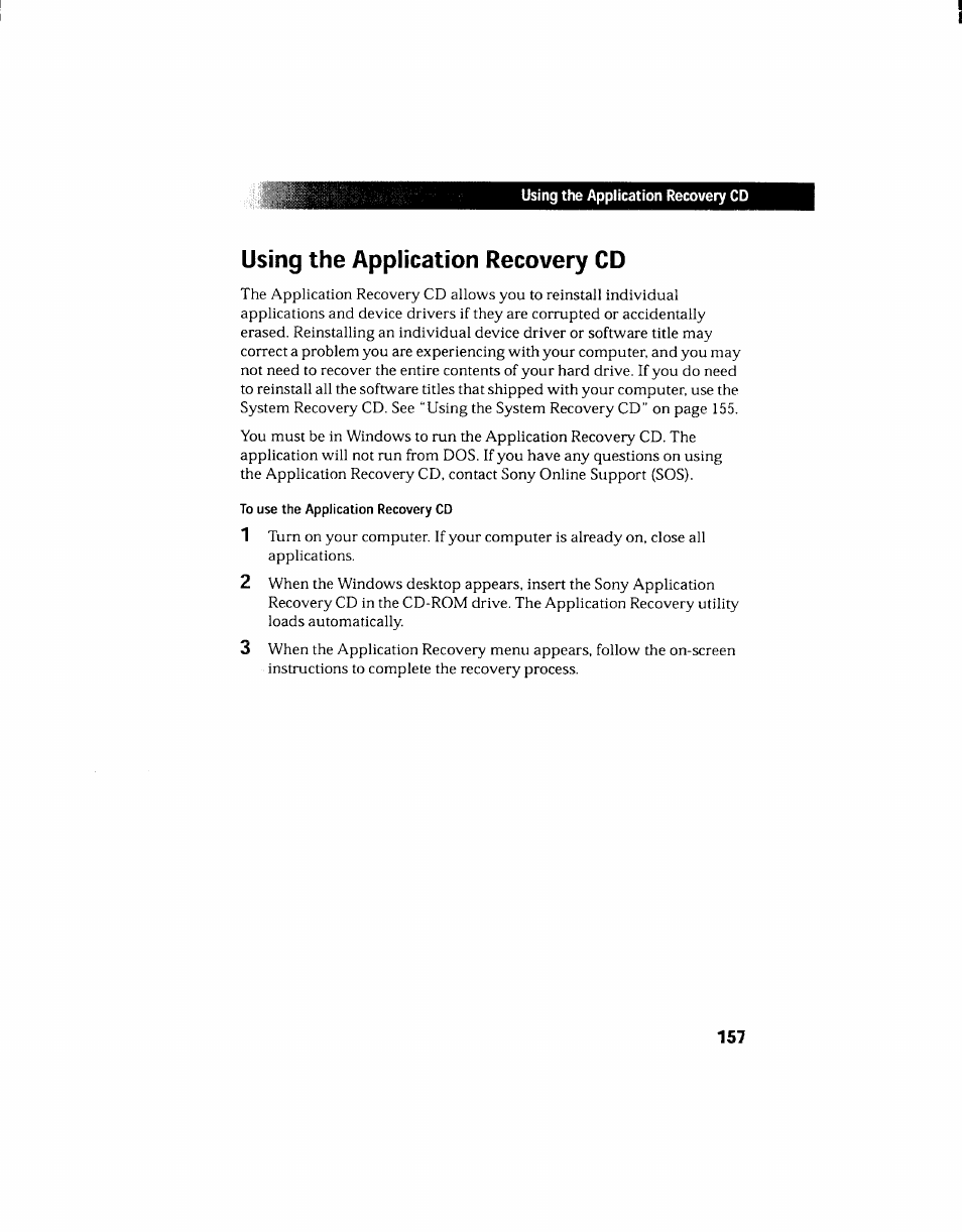 Using the application recovery cd | Sony PCV-130 User Manual | Page 161 / 203