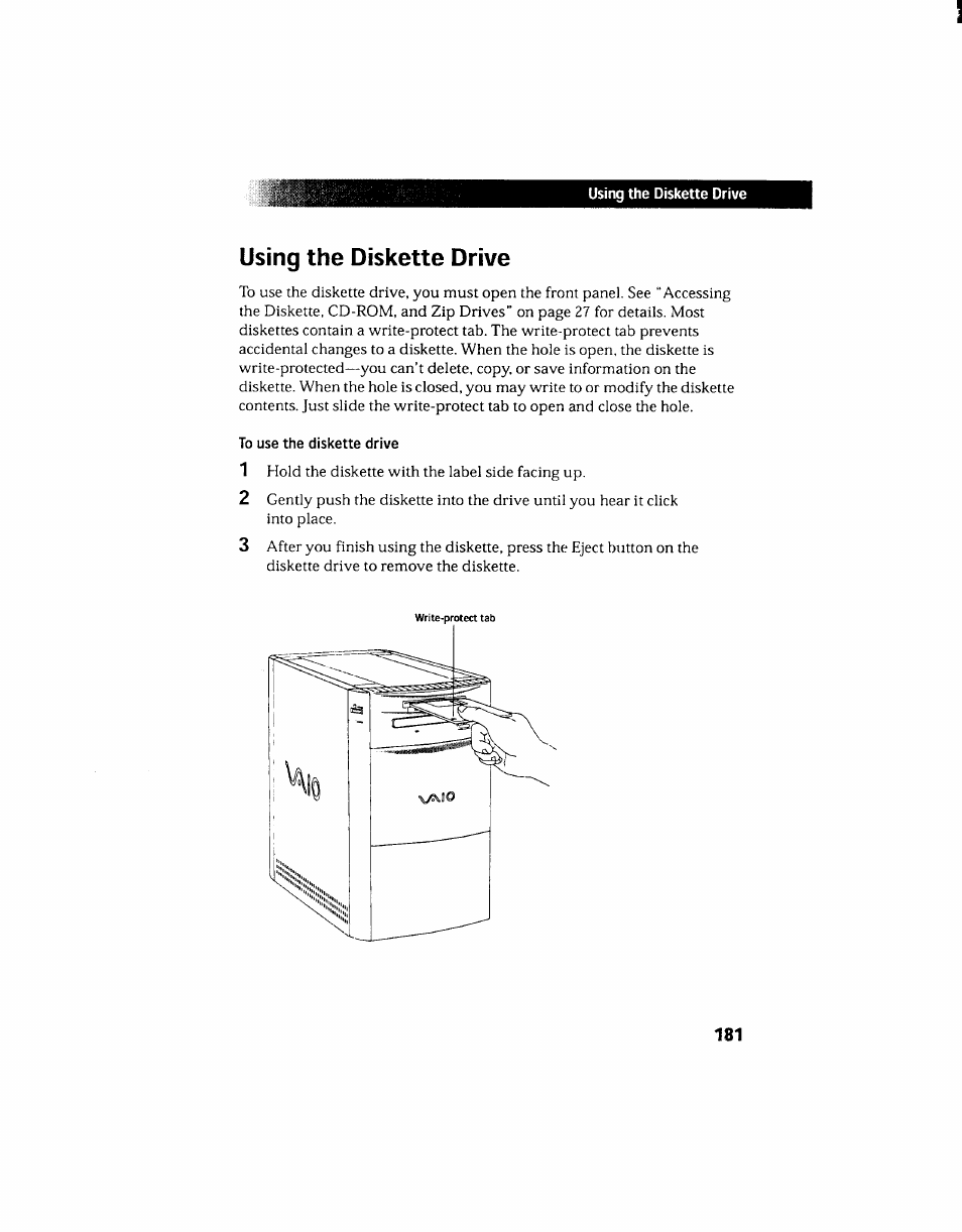 Using the diskette drive | Sony PCV-130 User Manual | Page 185 / 203