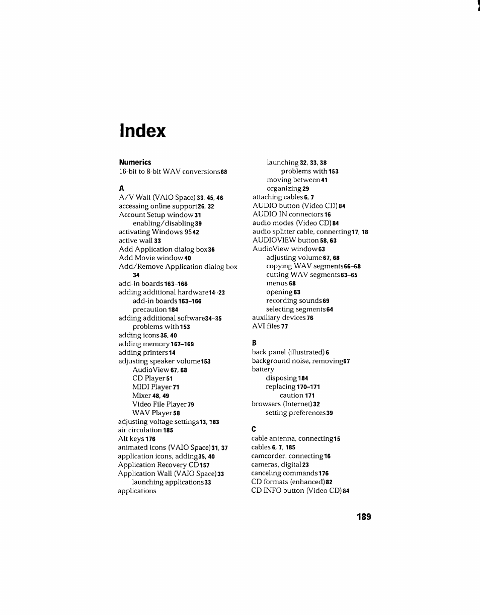 Index | Sony PCV-130 User Manual | Page 193 / 203