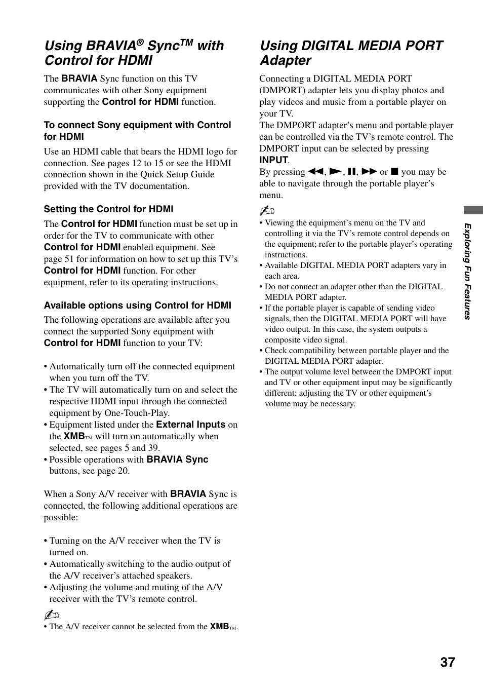 Using bravia® synctm with control for hdmi, Using digital media port adapter, Using bravia | Sync, With control for hdmi | Sony KDL-40VL160 User Manual | Page 37 / 64