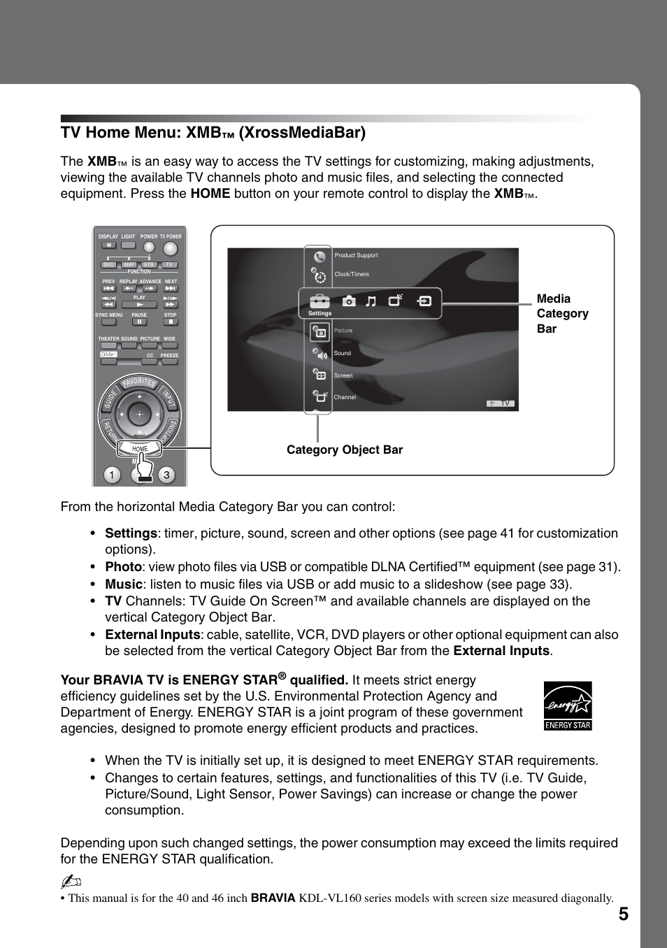 Tv home menu: xmb™ (xrossmediabar), Tv home menu: xmb, Xrossmediabar) | The xmb | Sony KDL-40VL160 User Manual | Page 5 / 64