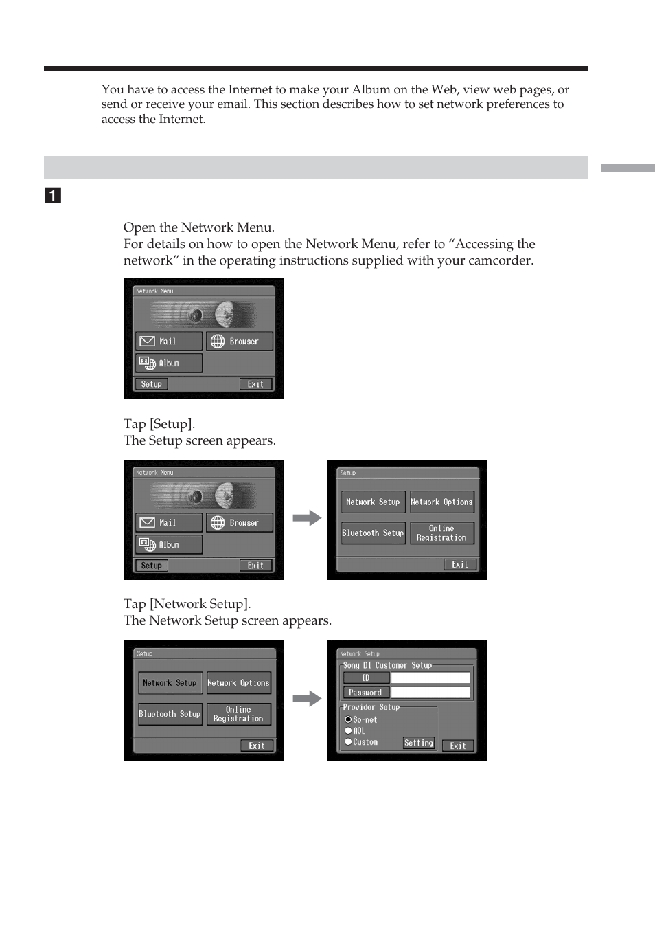 Setting network preferences, Setting your provider preferences for “so-net | Sony DCR-IP220 User Manual | Page 33 / 132