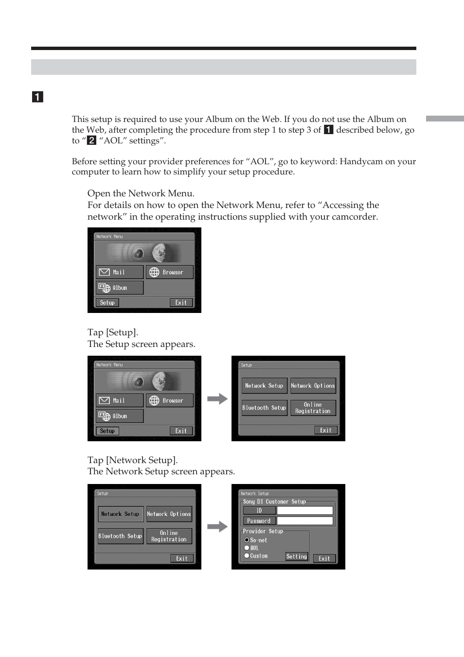Setting your provider preferences for “aol | Sony DCR-IP220 User Manual | Page 37 / 132